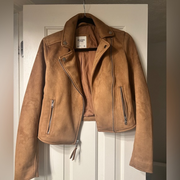 Like New Abercrombie Vegan Suede Moto Bomber Jacket, Brown - Picture 2 of 8